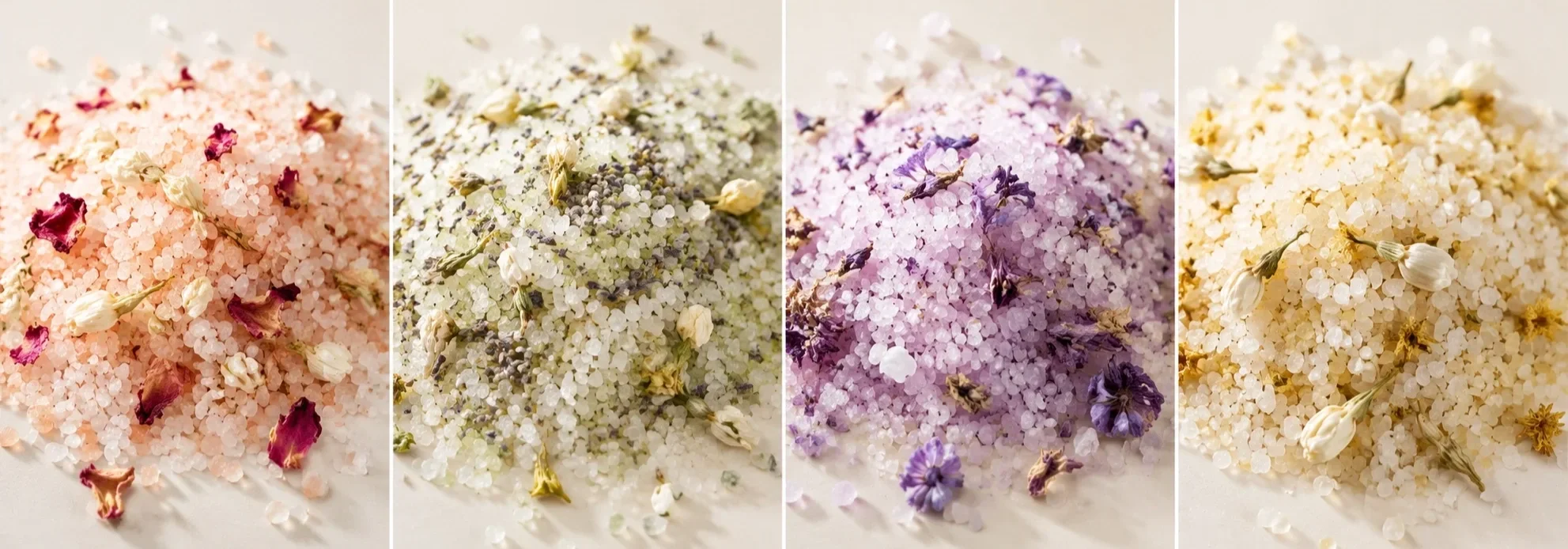 Four piles of colored bath salts garnished with dried flower petals and small flowers, arranged in a row.