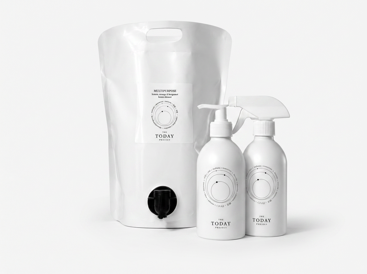 Botellas blancas de productos de limpieza o de uso doméstico y un recipiente con pico, sobre un fondo blanco.