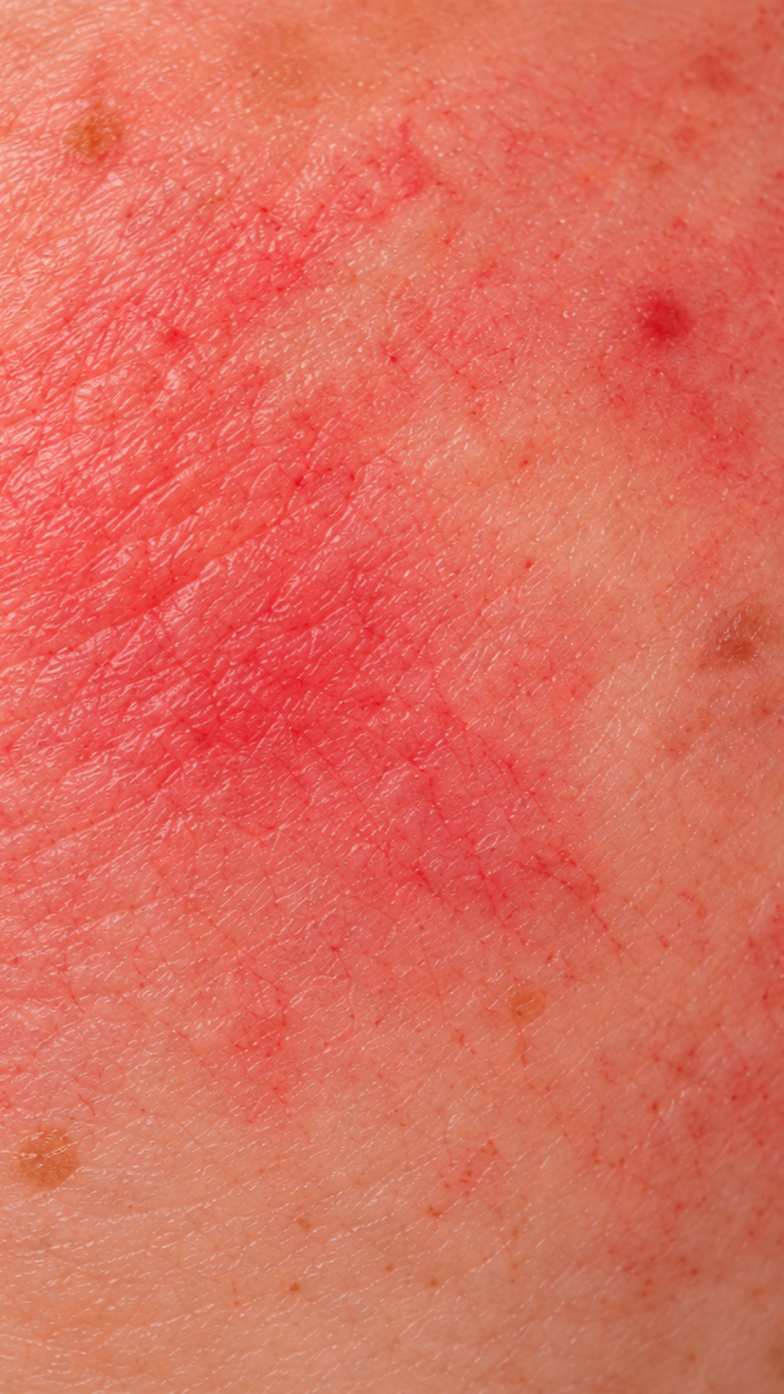 Close-up of sunburned skin showing redness and irritation.