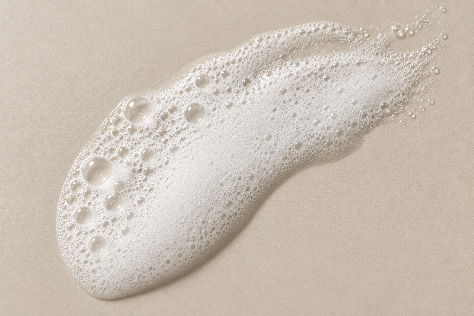 Espuma blanca y brillante con burbujas sobre una superficie beige.