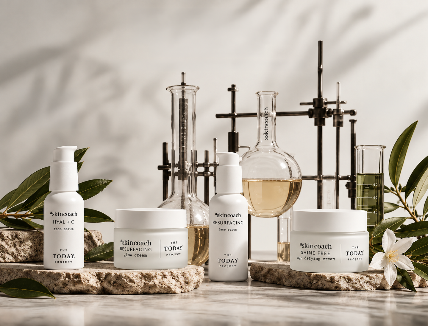 Productos para el cuidado de la piel, como sérums y cremas, sobre piedras con textura, junto a material de laboratorio de cristal y follaje verde.