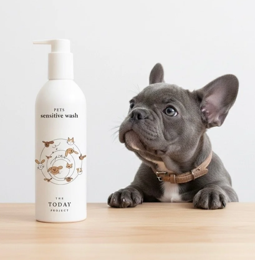 Französischer Bulldoggenwelpe neben dem Shampoo „ Pets Sensitive Wash “