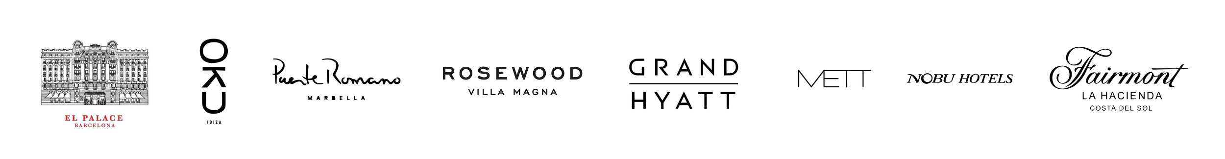Logos verschiedener Hotelketten, darunter El Palace Barcelona, Puente Romano Marbella, Rosewood Villa Magna, Grand Hyatt, Mett, Nobu Hotels und Fairmont La Hacienda Costa del Sol.