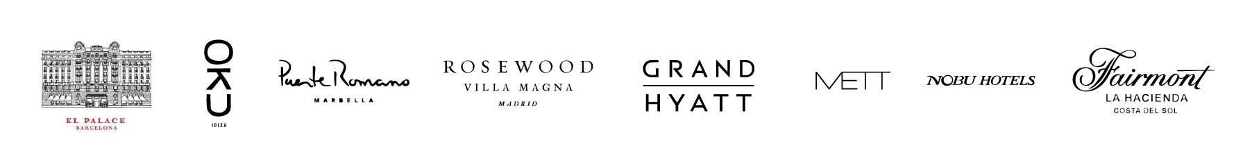 Logos of various luxury hotels and brands, including El Palace Barcelona, OKU Ibiza, Puente Romano Marbella, Rosewood Villa Magna Madrid, Grand Hyatt, ME Belfast, Nobu Hotels, and Fairmont La Hacienda Costa del Sol.