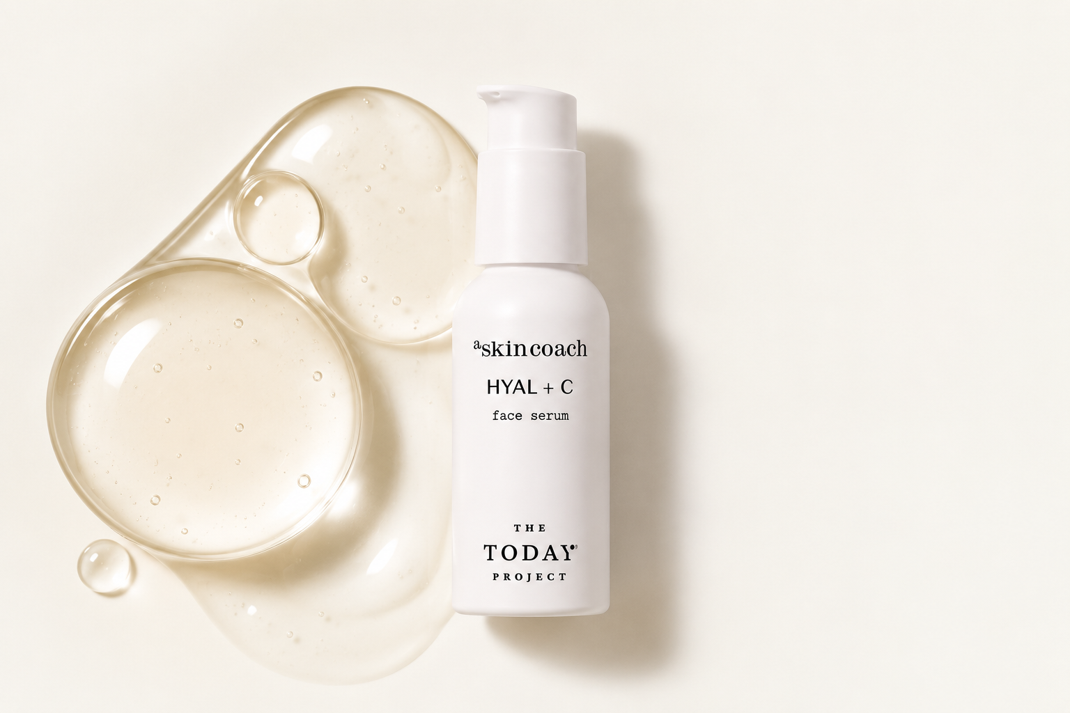 White bottle of THE TODAY PROJECT skincare serum labeled 'HYAL + C face serum' with clear serum droplets on a white background.