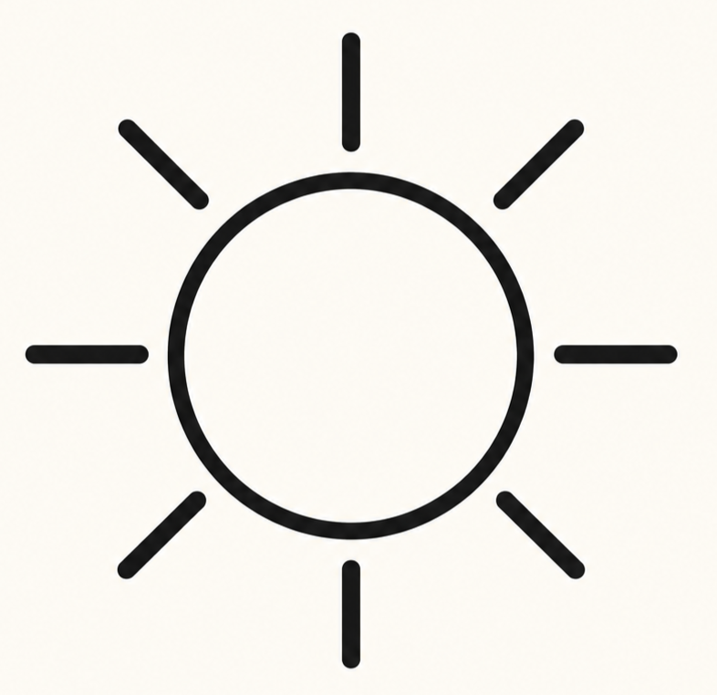 Minimalist black and white sun icon with a circular center and eight rays extending outward.