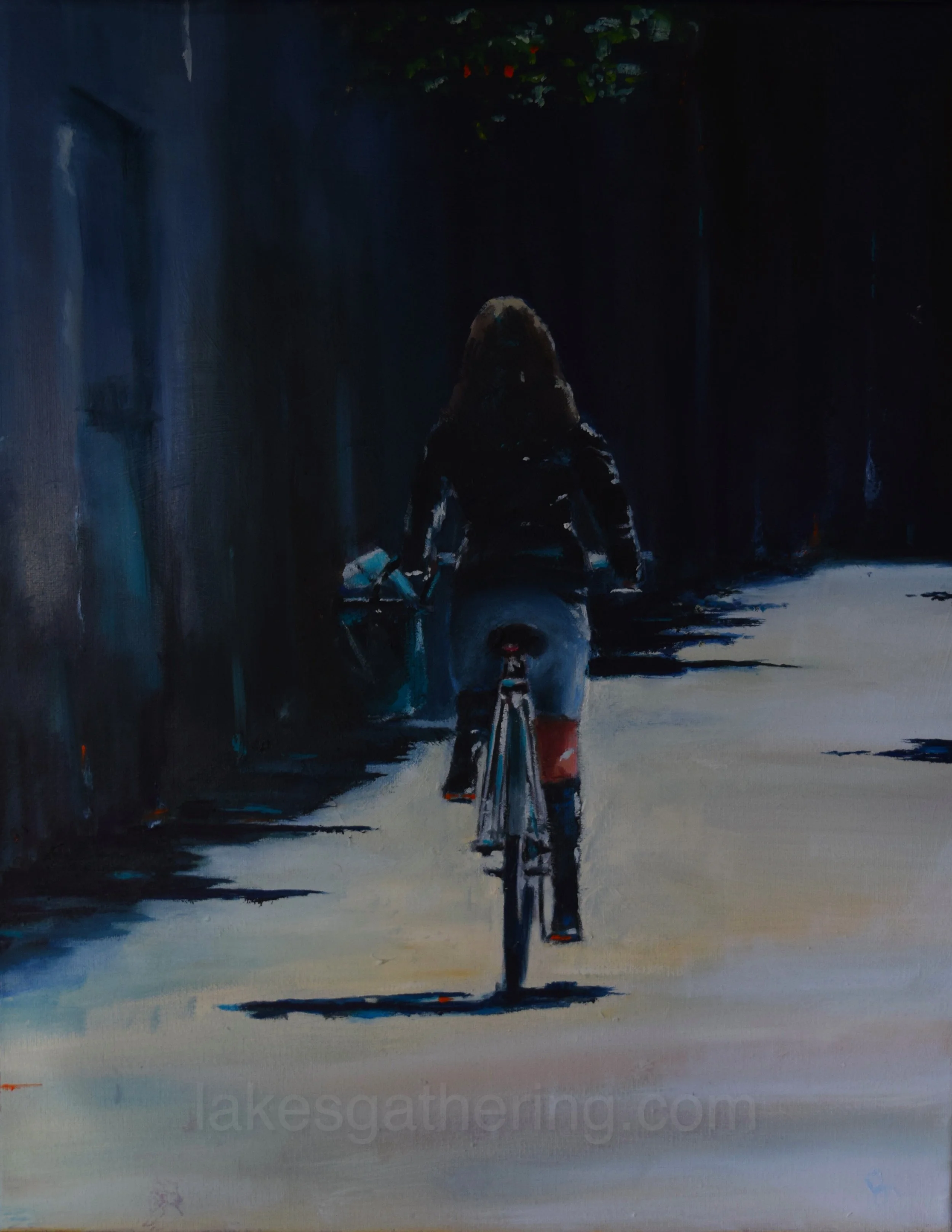 Girl on a Bike, Lucca, Italy. John Lipscombe original oil on canvas painting in a grey, floating effect frame. 16 x 20” inch - free UK delivery.