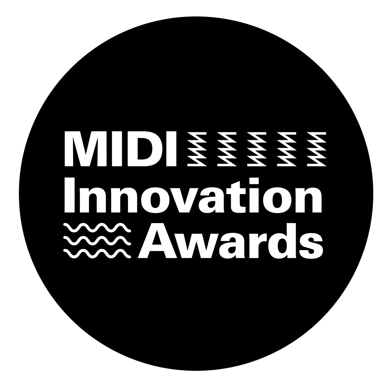Black background with white text emphasizing 'MIDI Innovation Awards' with wave and zigzag design embellishments.