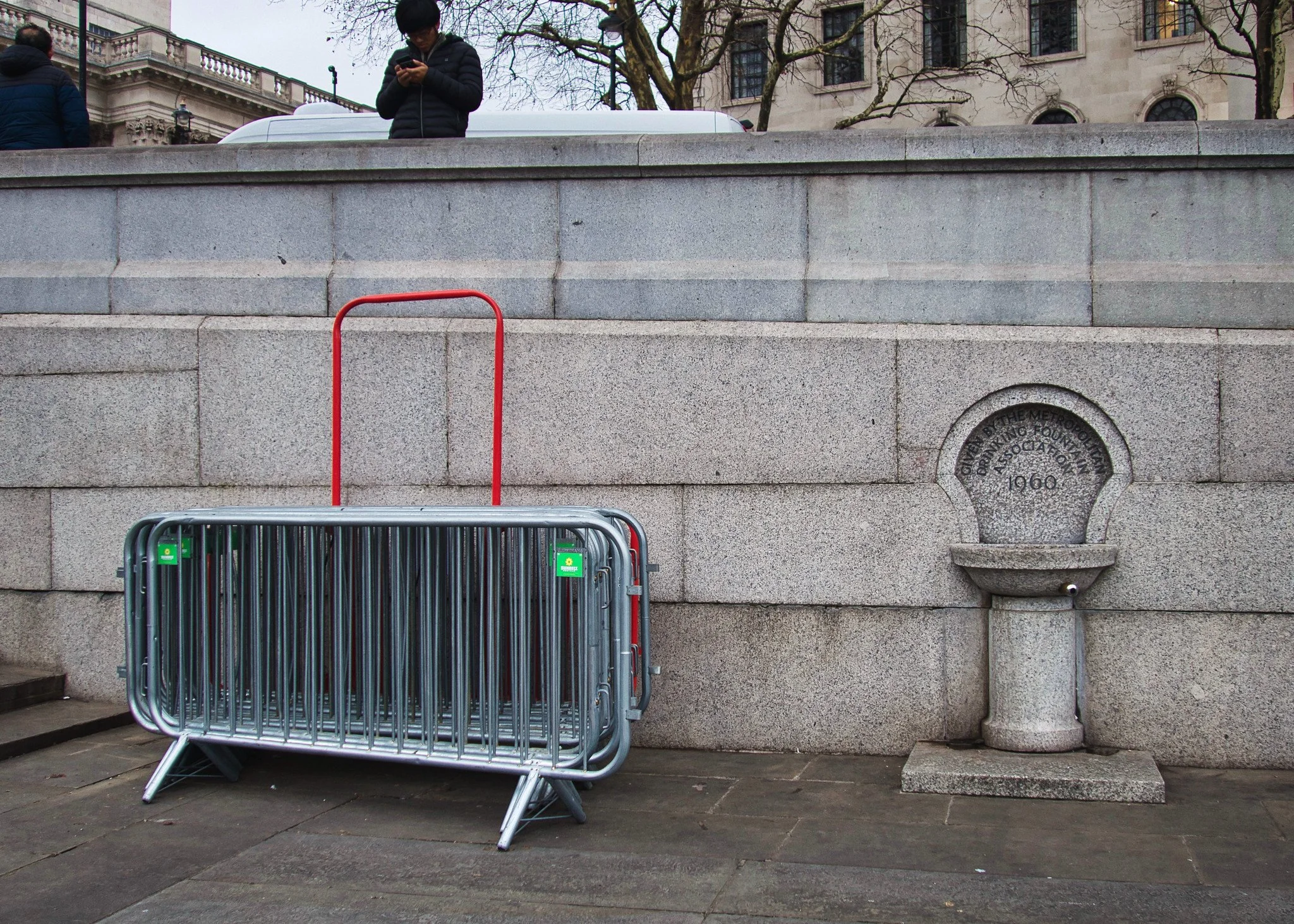 Barriers and drinking fountain, Trafalgar Square