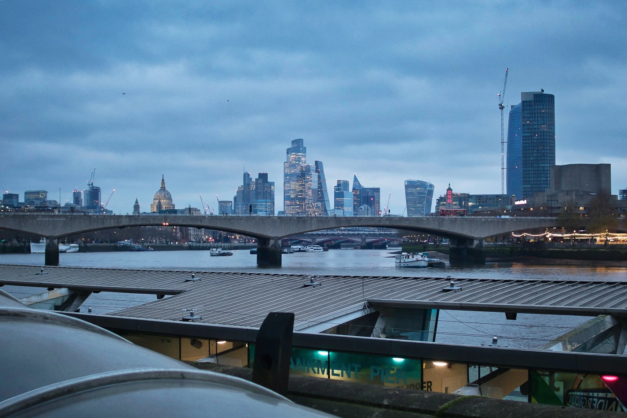 Embankment Pier with Waterloo Bridge and the City beyond