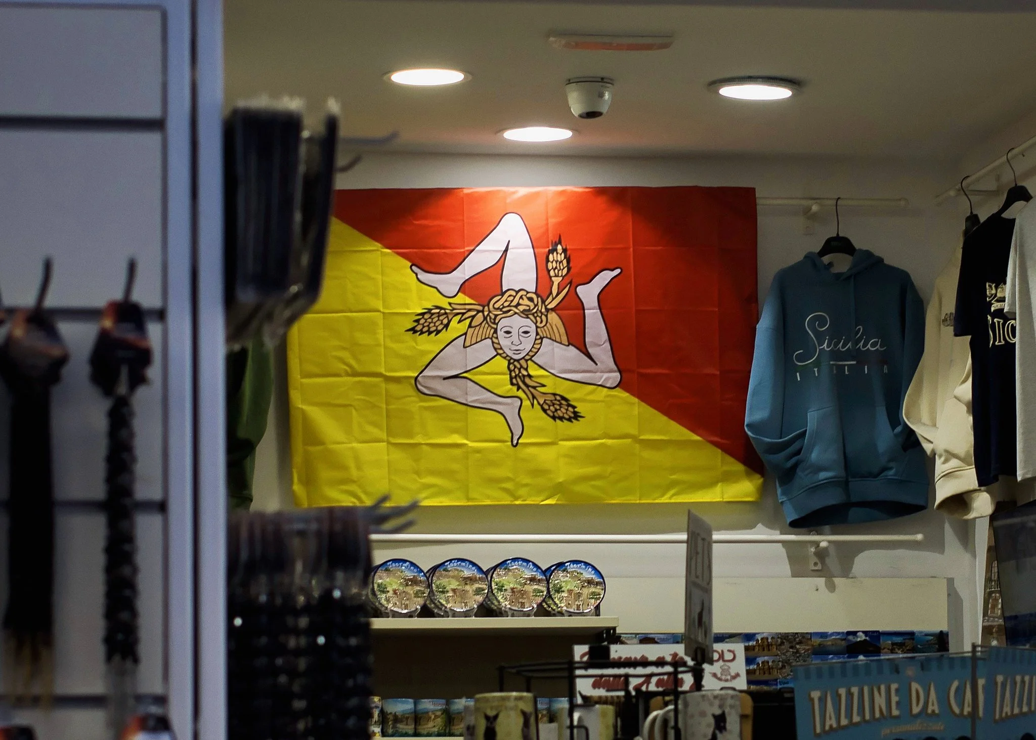 Sicilian flag in a souvenir shop, Taormina