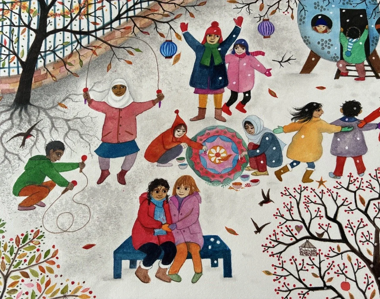 illustration by Jane Ray (copyright) of children in a playground, they wear bright clothing and birds fly in the sky