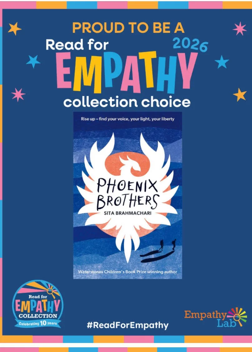 Book cover of phoenix brothers by sita brahmachari inside poster for Empathy Lab Read for Empathy collection