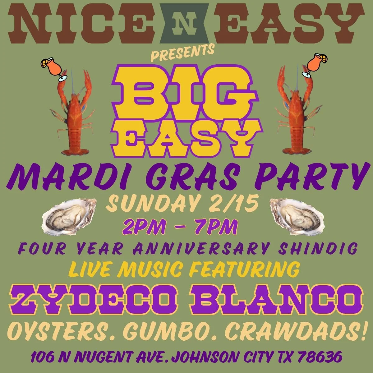 Celebrate our 4th anniversary with us! Sunday, 2/15 we will be throwing a Mardis Gras party, sure to be a real good time. 2PM - 7PM. Oysters. Gumbo. Crawdads! And our buds from @zydeco_blanco will be getting the groove going, so bring your dancing sh