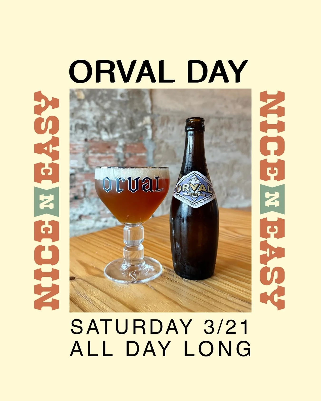 ORVAL DAY!
.
.
Celebrate this singular beer with us this Saturday, 3/21! A true classic, Orval has immensely inspired us and remains a top favorite amongst the Nice N Easy crew. We have proper glassware in house for those perfect heady pours, and som