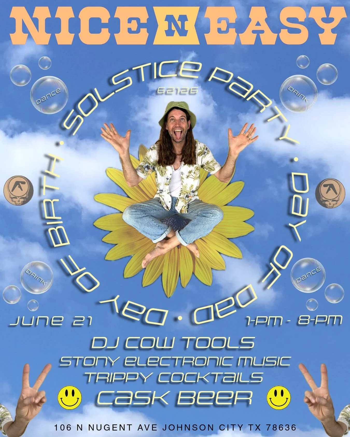 ☀️ Solstice Party ☀️ at Nice N Easy! Sunday, 6/21 &mdash;&mdash; 1PM - 8PM. 

Also it&rsquo;s Father&rsquo;s Day AND Garrett&rsquo;s birthday. Bigtime celebration station. We are going into orbit on this one. A couple of DJs spinning early 90s electr
