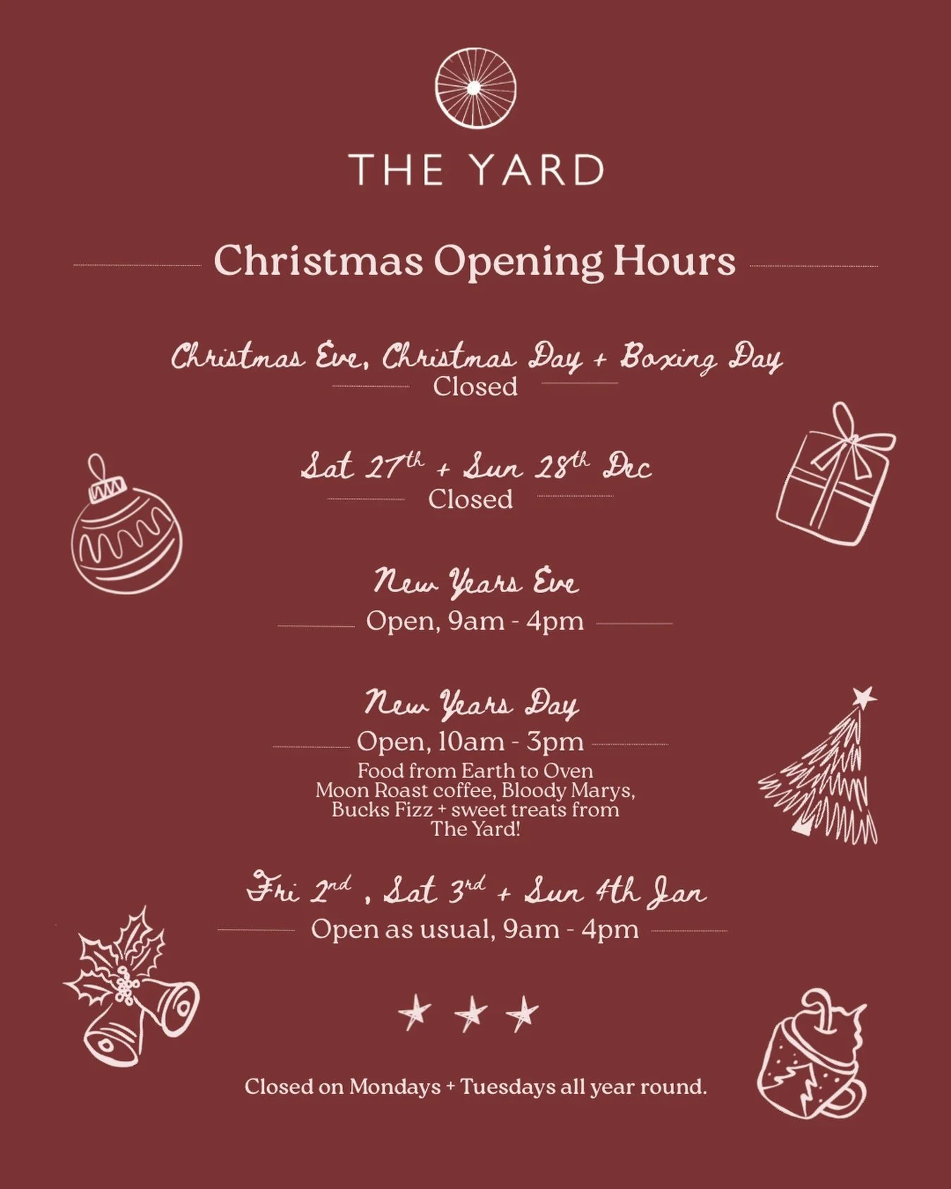 Our Christmas Opening Hours 🎄🤎🌟

It&rsquo;s been a big year at The Yard + our team deserve a proper break. We&rsquo;re taking a few days off to put our feet up, we hope our lovely customers are too! We will be back open + running on NYE 🍸

&helli