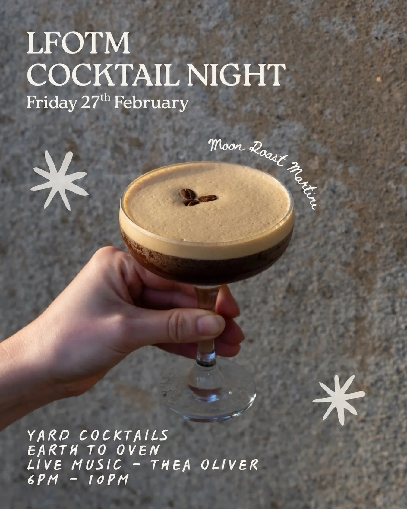 LAST FRIDAY OF THE MONTH COCKTAIL NIGHT 🍸

Back for 2026 on Feb 27th from 6pm - 10pm joined by our friends, flatbread faves @earth_to_oven + live music from our lovely @theagraceoliver 🤎

Expect a chilled evening with signature Yard cocktails + a s