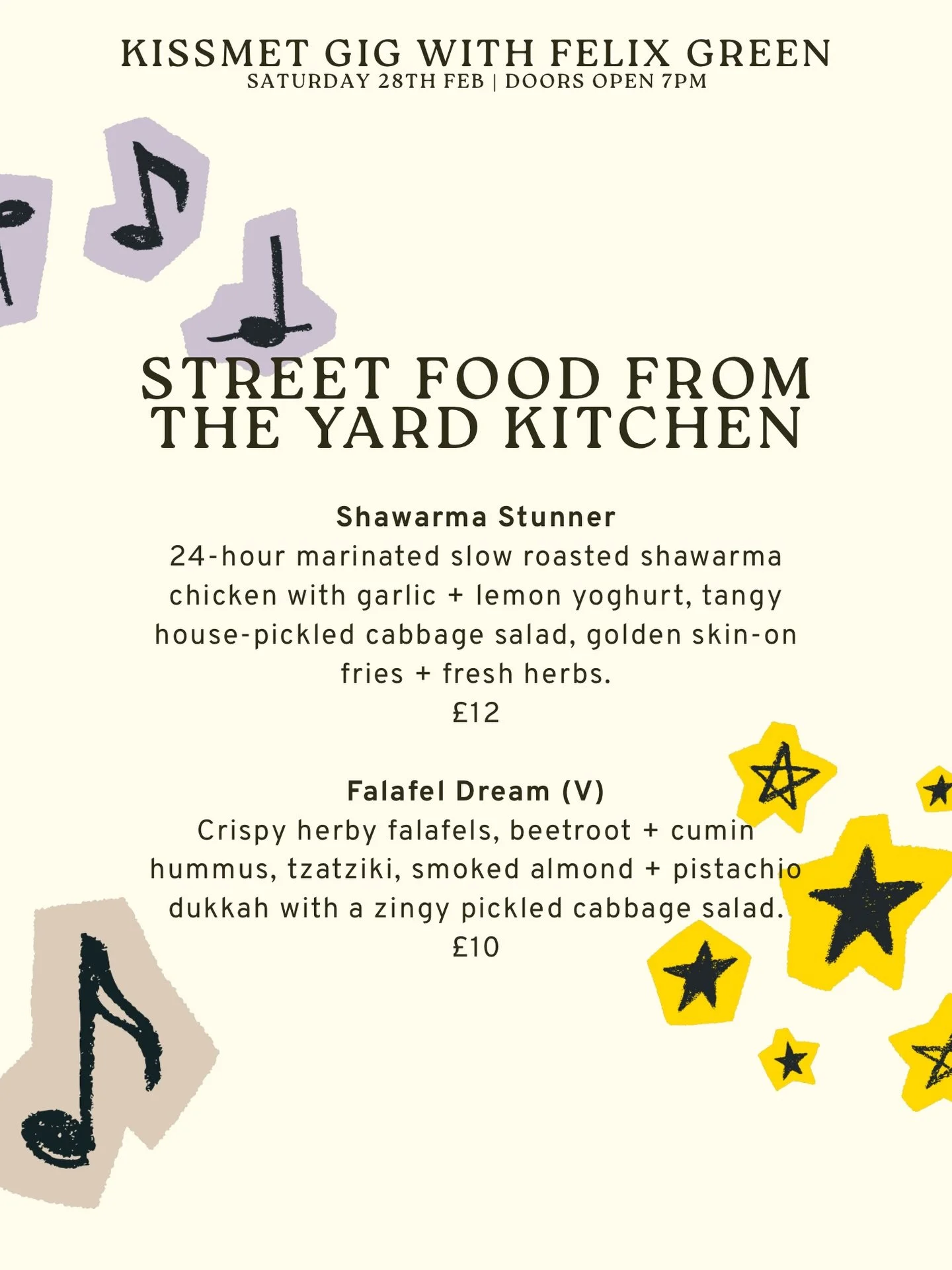 Still a chance to grab tickets for @wearekissmet gig with @felixgreenofficial_ next Saturday! Tickets on our website 🎤

Street food from the Yard Kitchen will be on during the night, so you can eat well + stay for the music 🌯

Fancy a chilled Satur