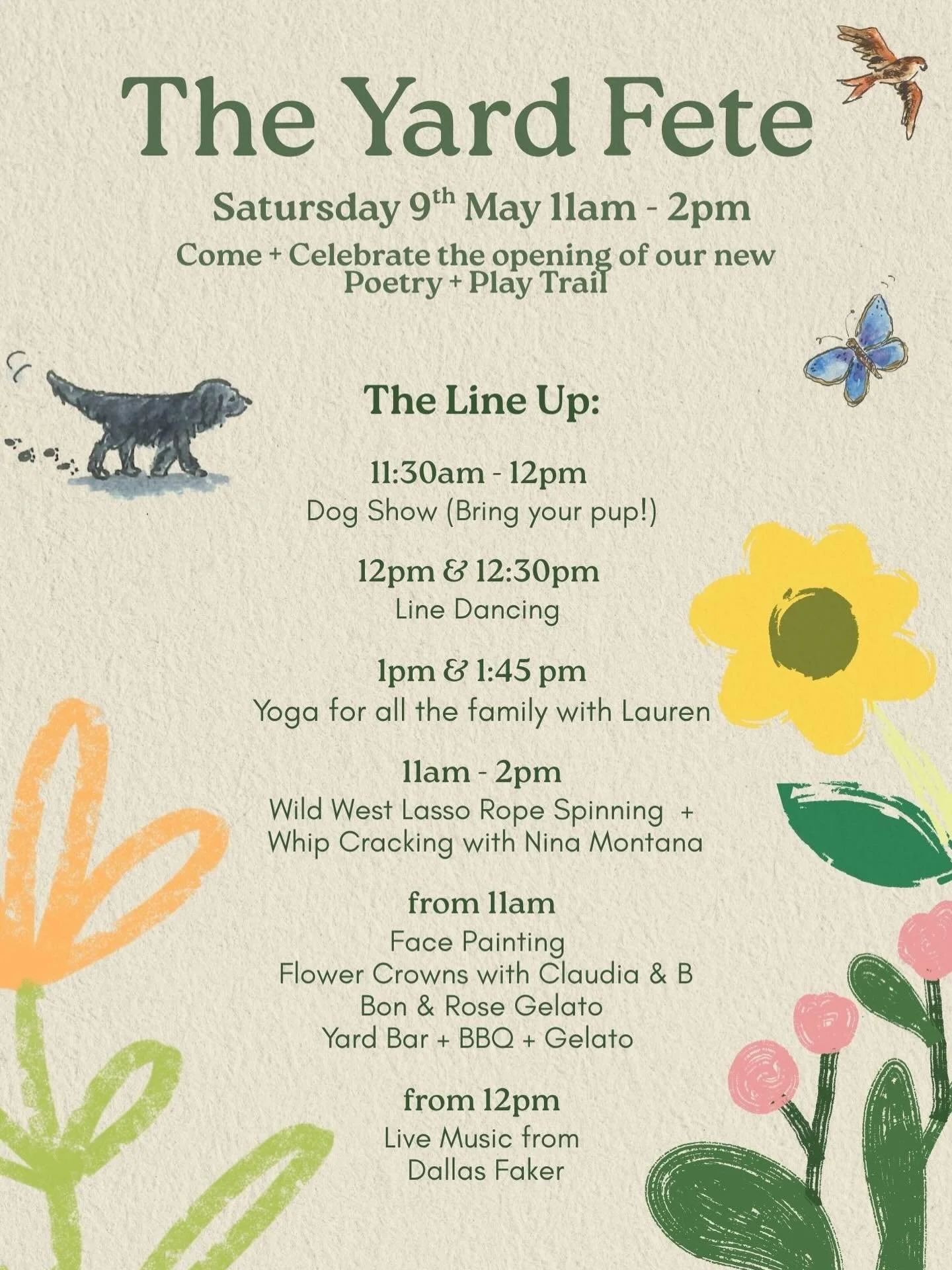 The line-up for The Yard Fete is now live 📣✨

Join us on Saturday 9th May, 11am&ndash;2pm to celebrate the opening of our brand new Poetry + Play Trail 🌿

🐾 Dog show (bring your pup!)
🤠 Wild West lasso + whip cracking
💃 Line dancing
🧘&zwj;♀️ Fa
