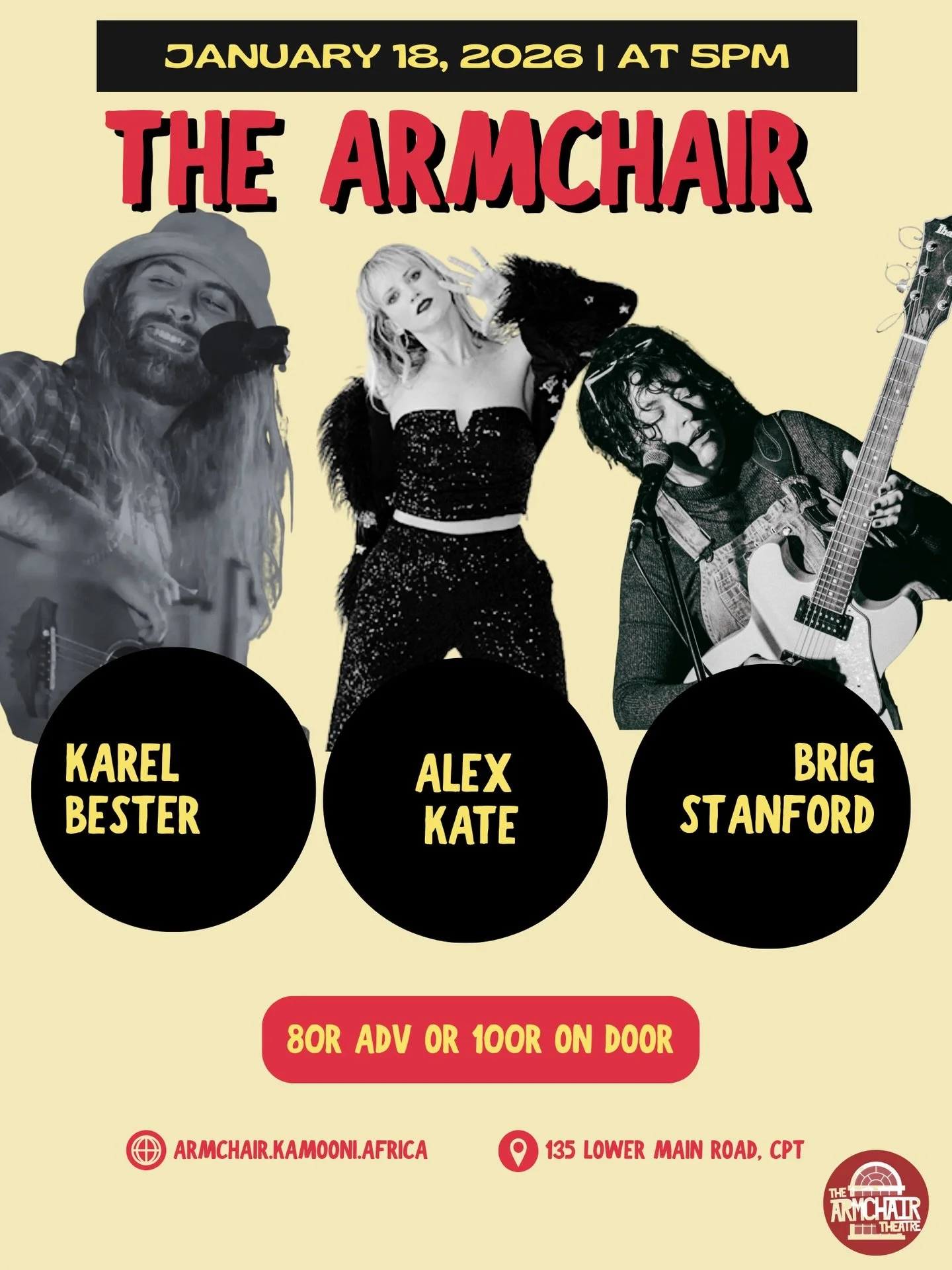 @ourarmchair presents @alexkatemusic @karelbester &amp; @brigstanford LIVE MUSIC from 5pm. Online Tickets 80R or 100R on the door. 

#livemusic #capetown #whatsonincapetown #music
