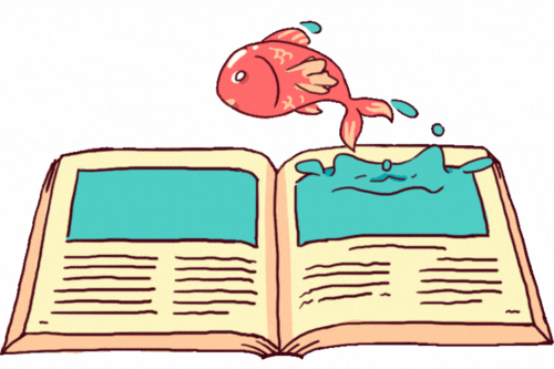 Gif of a fish jumping out of the photo on one page of a book into the opposing page.