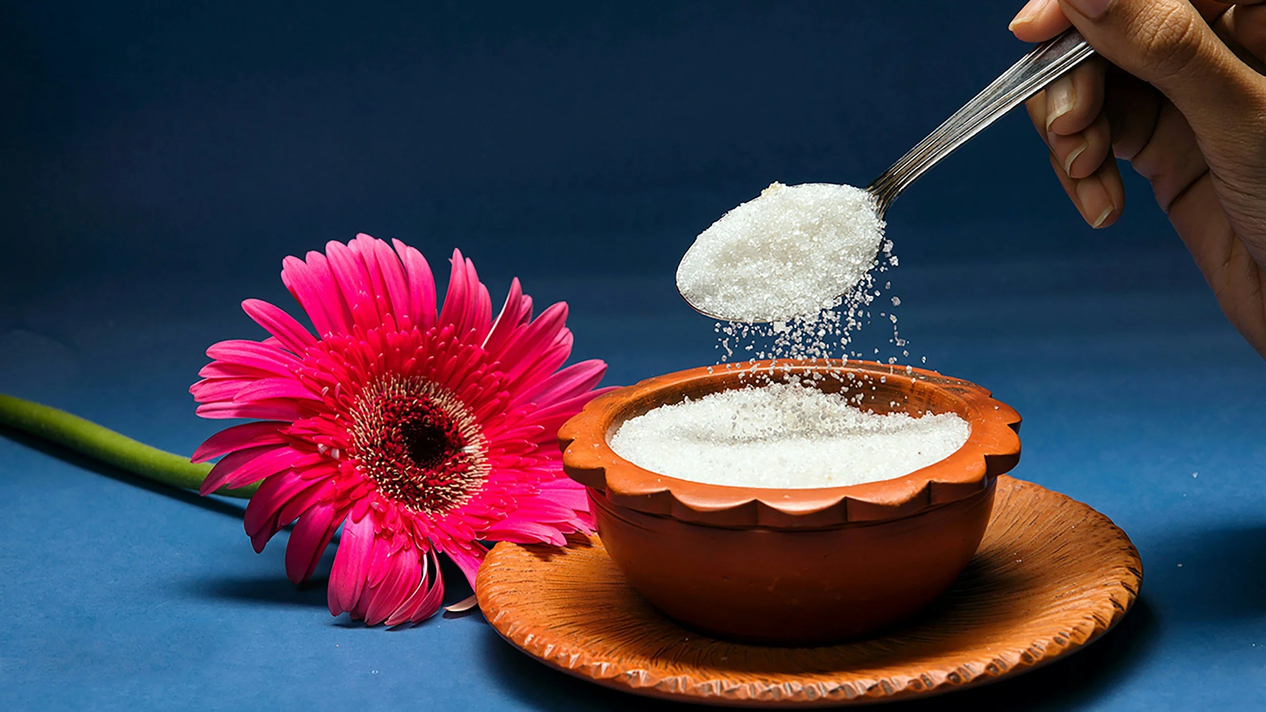 A small bowl containing approximately one teaspoon of white sugar, representing the amount of glucose the body maintains in the bloodstream at any one time