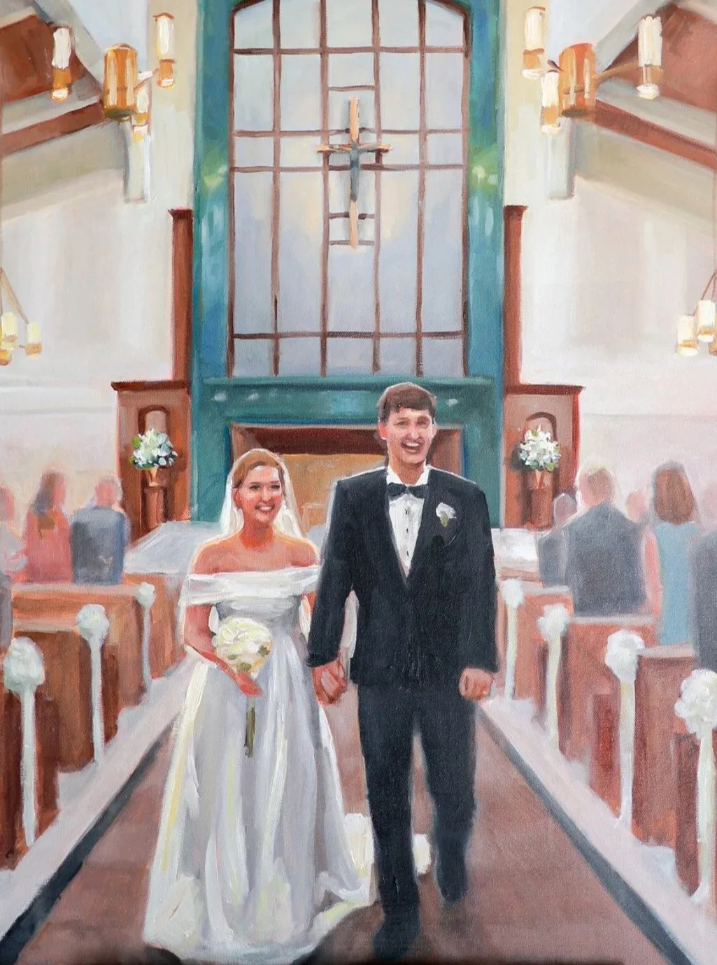 Painting of a newlywed couple walking down the aisle of a church, smiling, with wedding guests in the background.