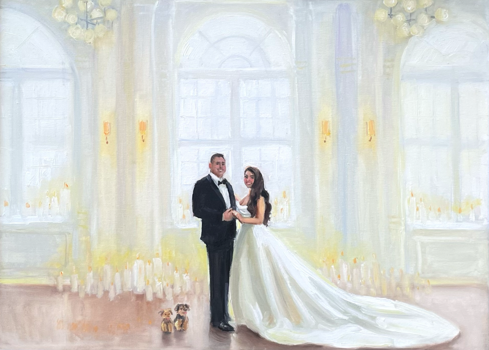 Painting of a wedding scene with a bride and groom in a grand, lit room, with candles and chandeliers, in a decorative gold frame, outdoors on an easel.