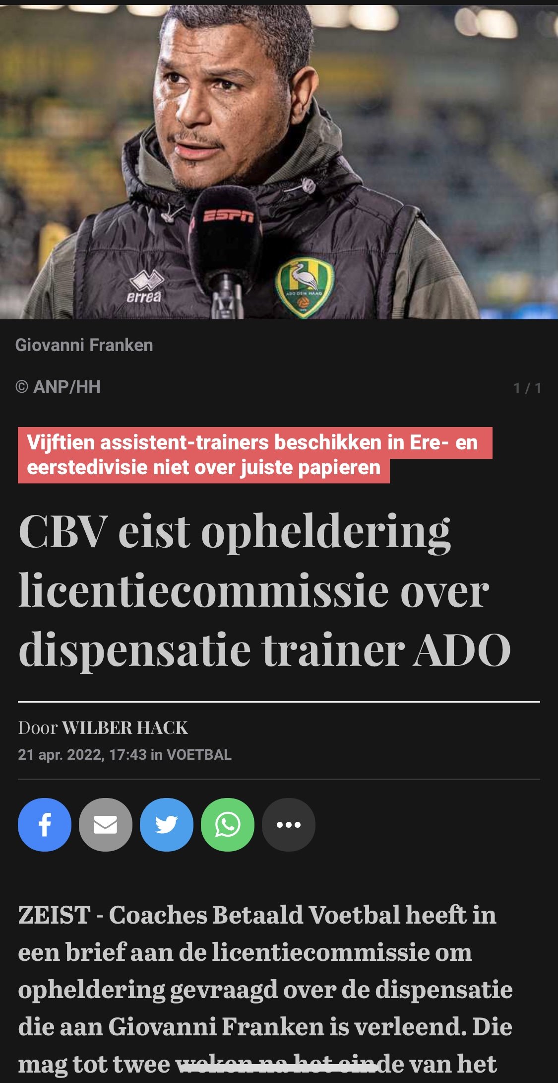 CBV eist opheldering licentiecommissie over dispensatie trainer Ado. De Telegraaf/23-04-2022.