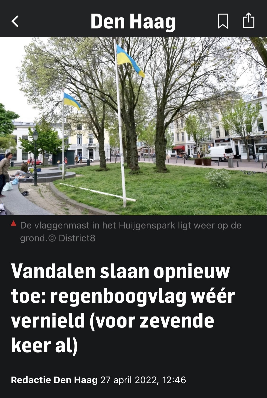 Vandalen slaan opnieuw toe; regenboogvlag weer vernield (voor zevende keer al) AD/27-04-2022.