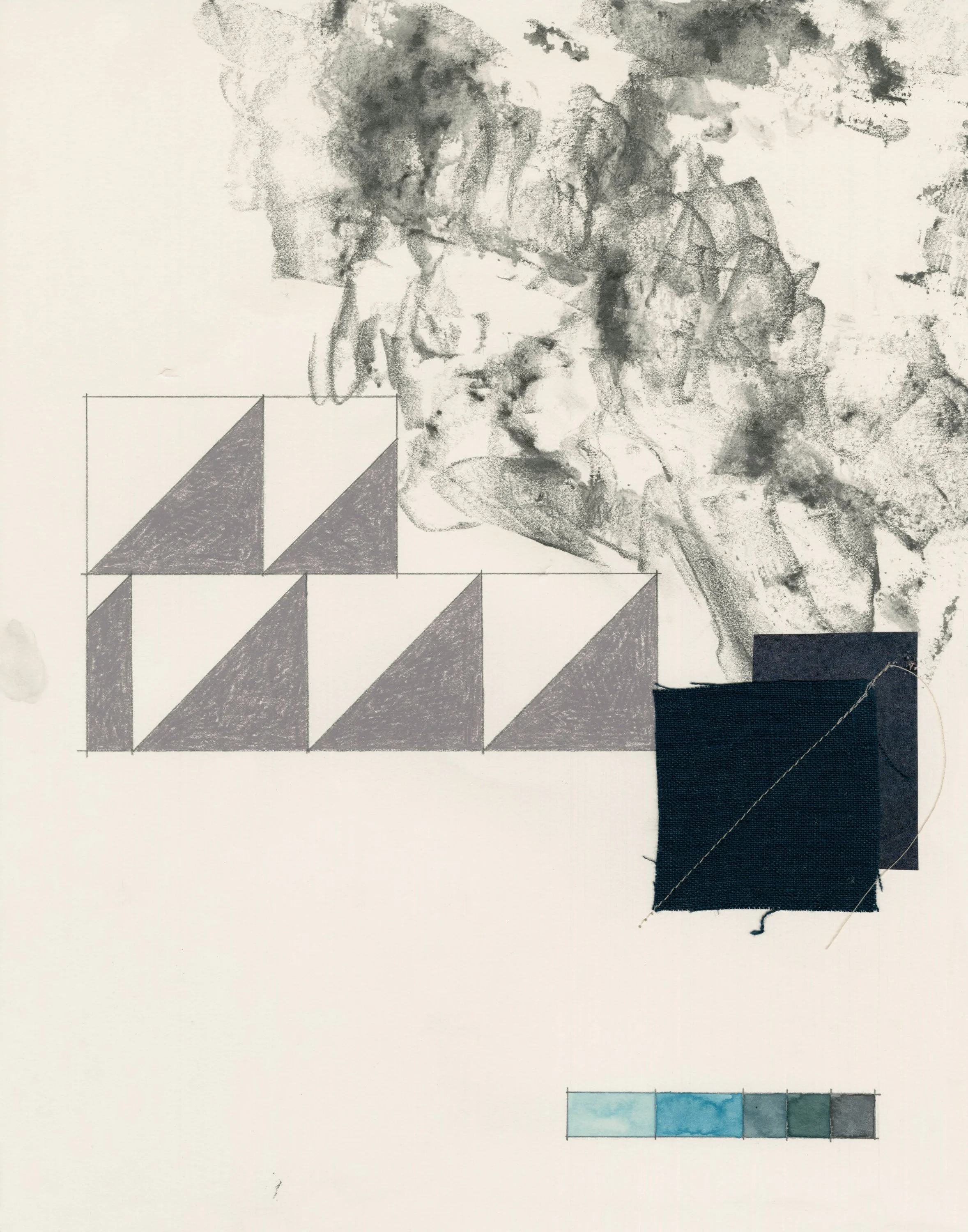 44.09712º N, 71.68177º W (compacted snow), graphite, colored pencil, found image, linen, thread, and watercolor on paper, 14 x 11 in, 2026