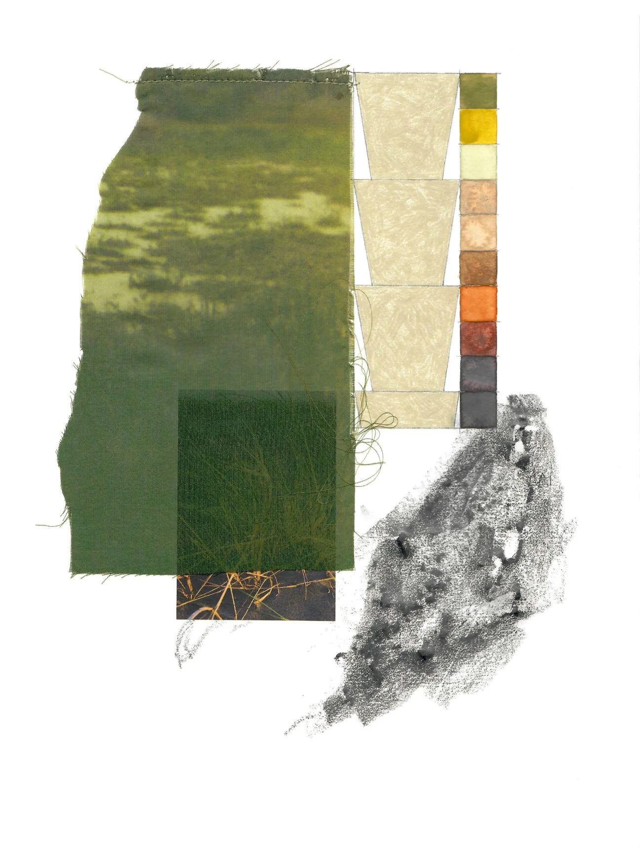 Hypothesizing, graphite, watercolor, found image, photo on chiffon, and thread on paper
12 x 9 in, 2025