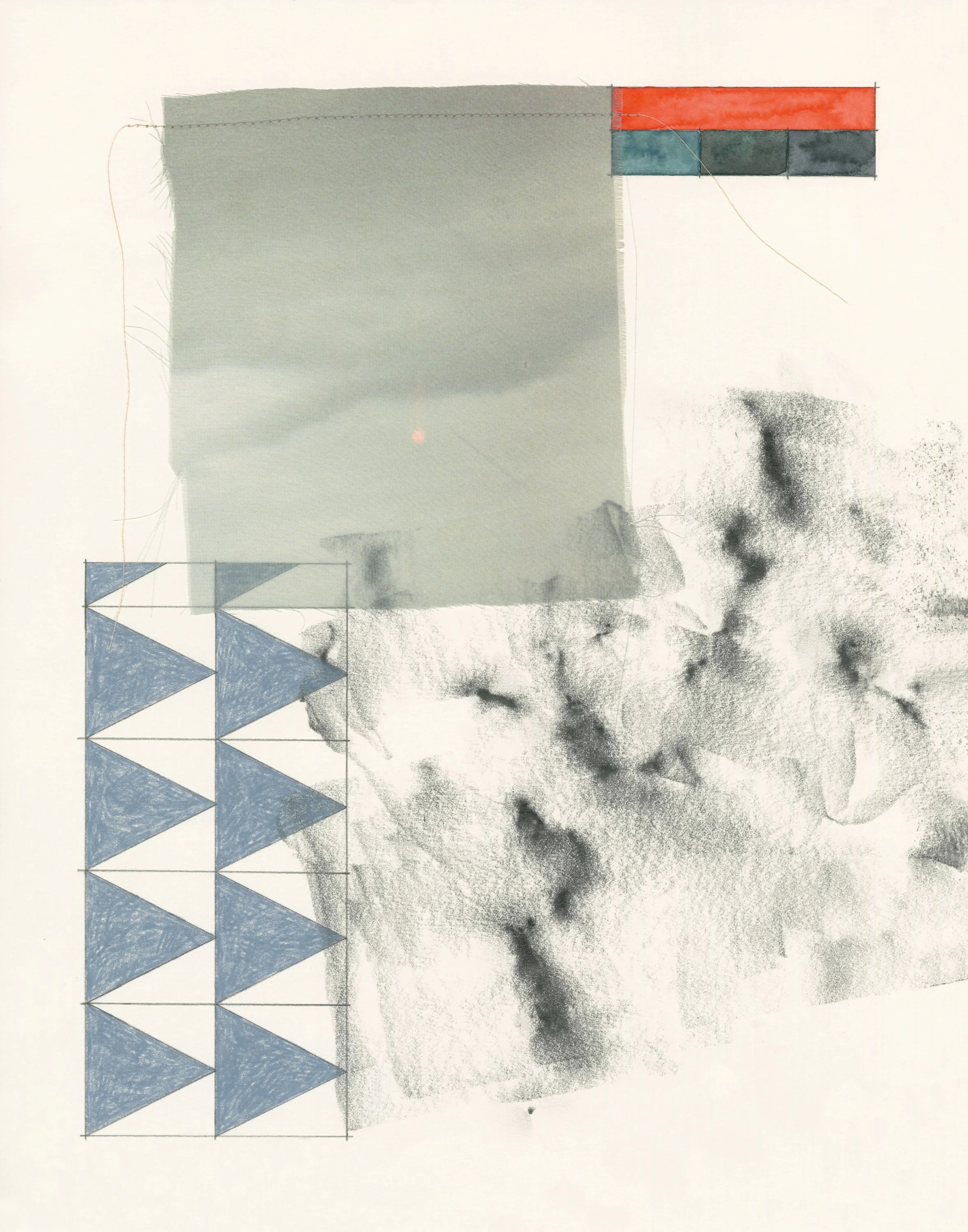 44.17929º N, 71.70080º W (ice), graphite, colored pencil, chiffon, thread, and watercolor on paper, 14 x 11 in, 2026