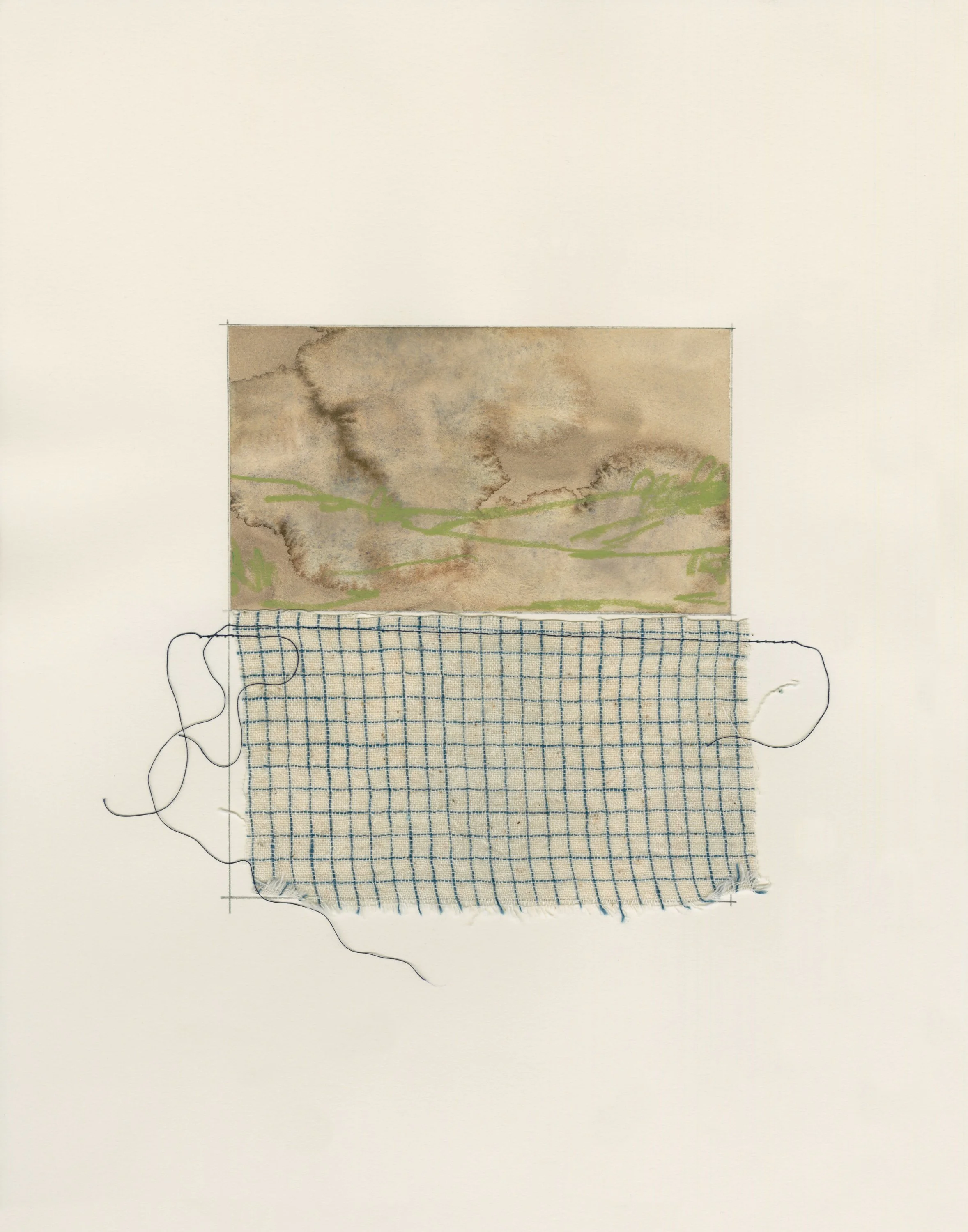 in two, watercolor, wax pastel, graphite, cotton, and thread on paper, 14 x 11 in, 2026