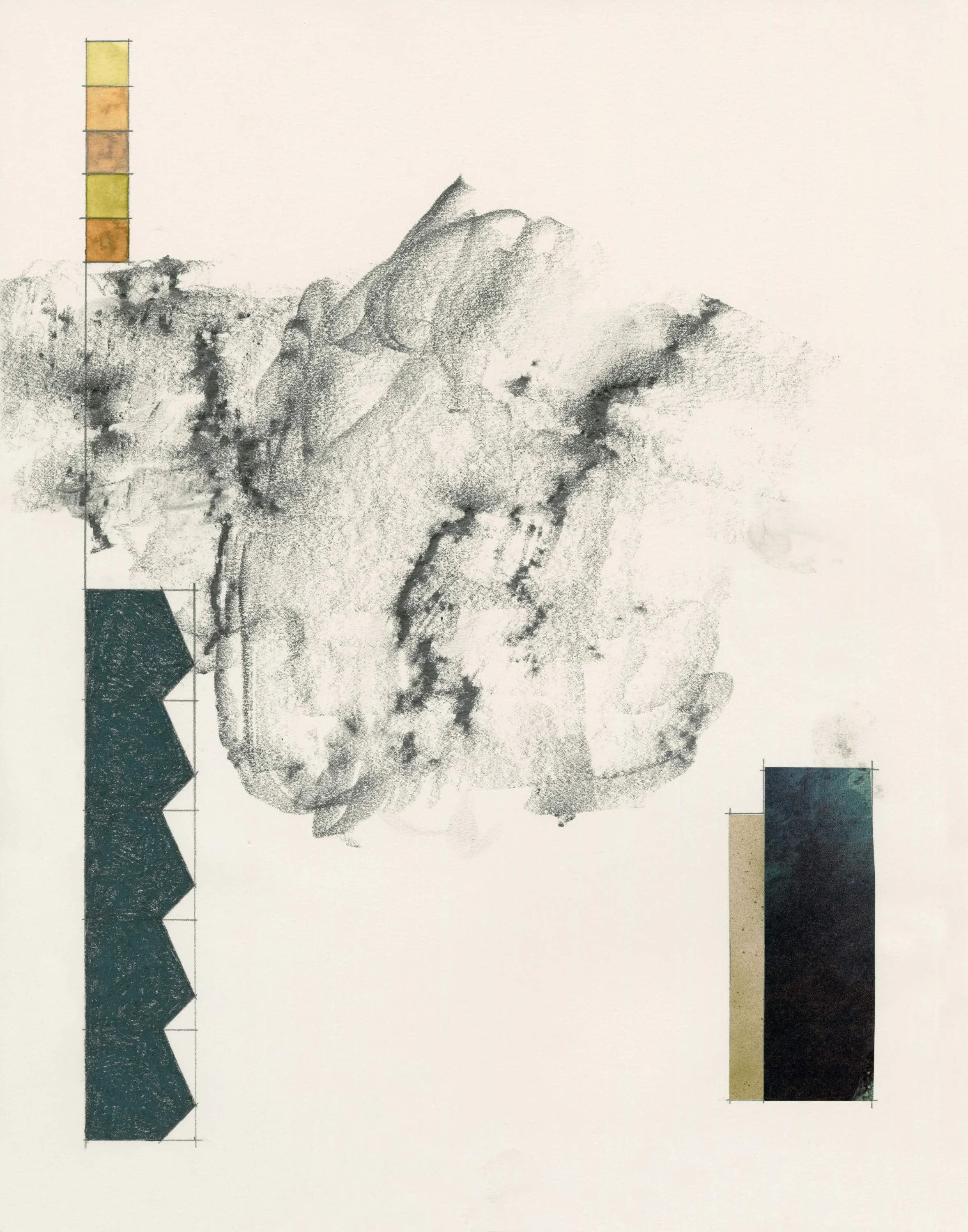 44.15341º N, 7167776º W (rock), graphite, colored pencil, watercolor, found image, acrylic, and watercolor on paper, 14 x 11 in, 2026