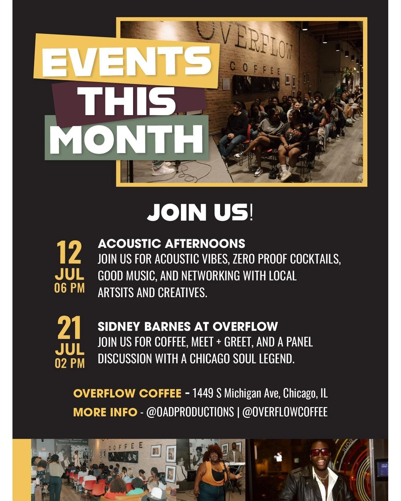 Discover what's brewing this month at Overflow! From live music to artist meet + greets, there's something for everyone. Grab a cup and join the fun! Check out @oadproductions for more info!