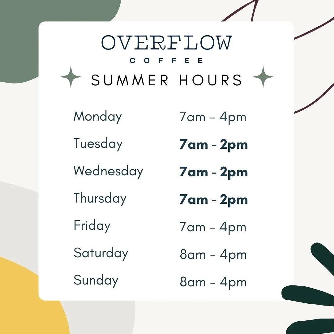 Changing hours up for a bit! Be sure to get your caffeine before 2pm Tues-Thurs at Overflow!