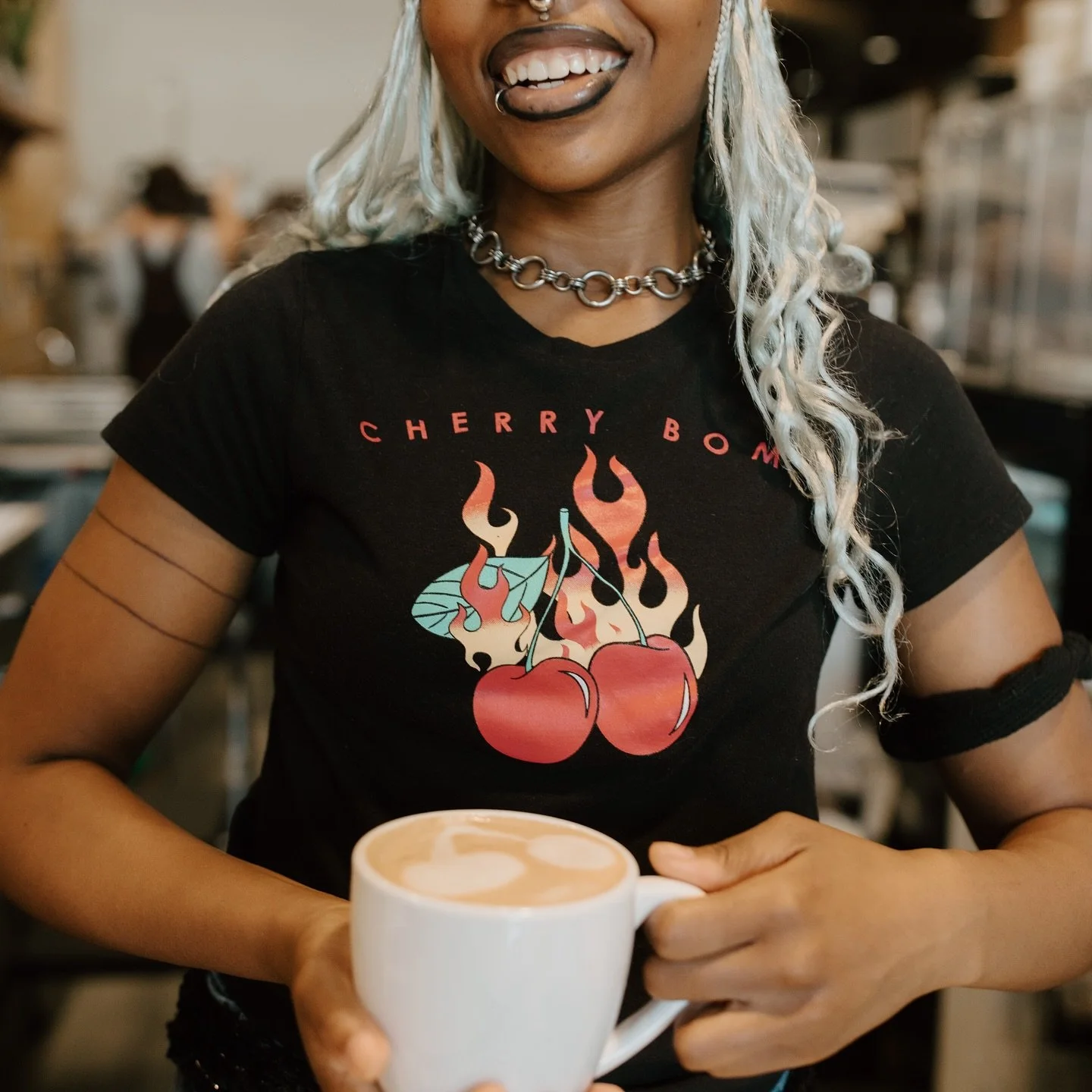 When the shirt matches the drink! 🤌🏾
-
Our housemade Cherry Bomb Latte is available all summer! ☀️