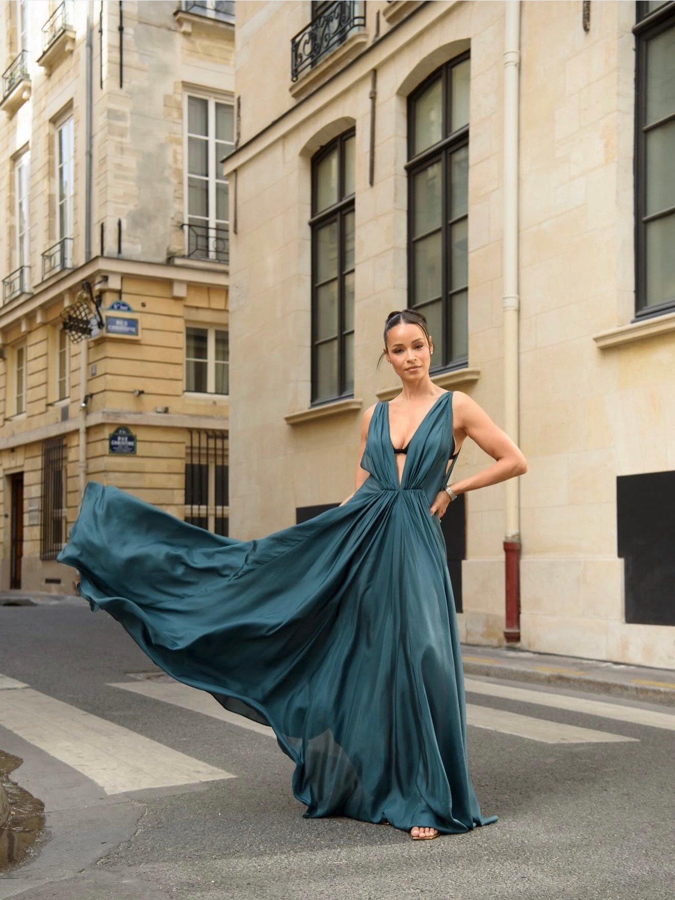 @saidesilva wearing @temilyofficial Angelina gown on the streets of Paris✨