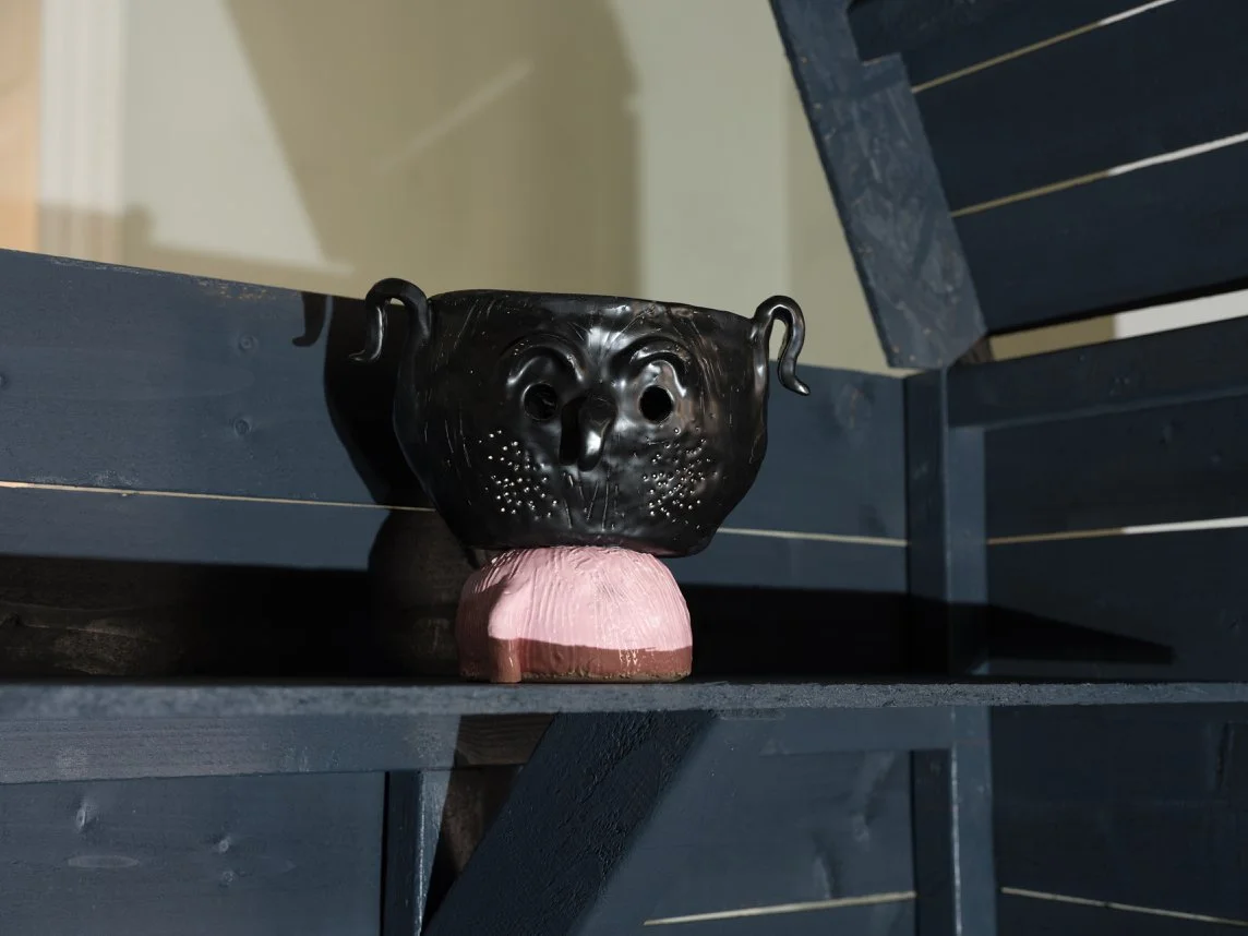 Slip Away, 2023 - 25,
Wood, Paint, Bisque Fired & Glazed Ceramics,
137 x 80 x 92 cm