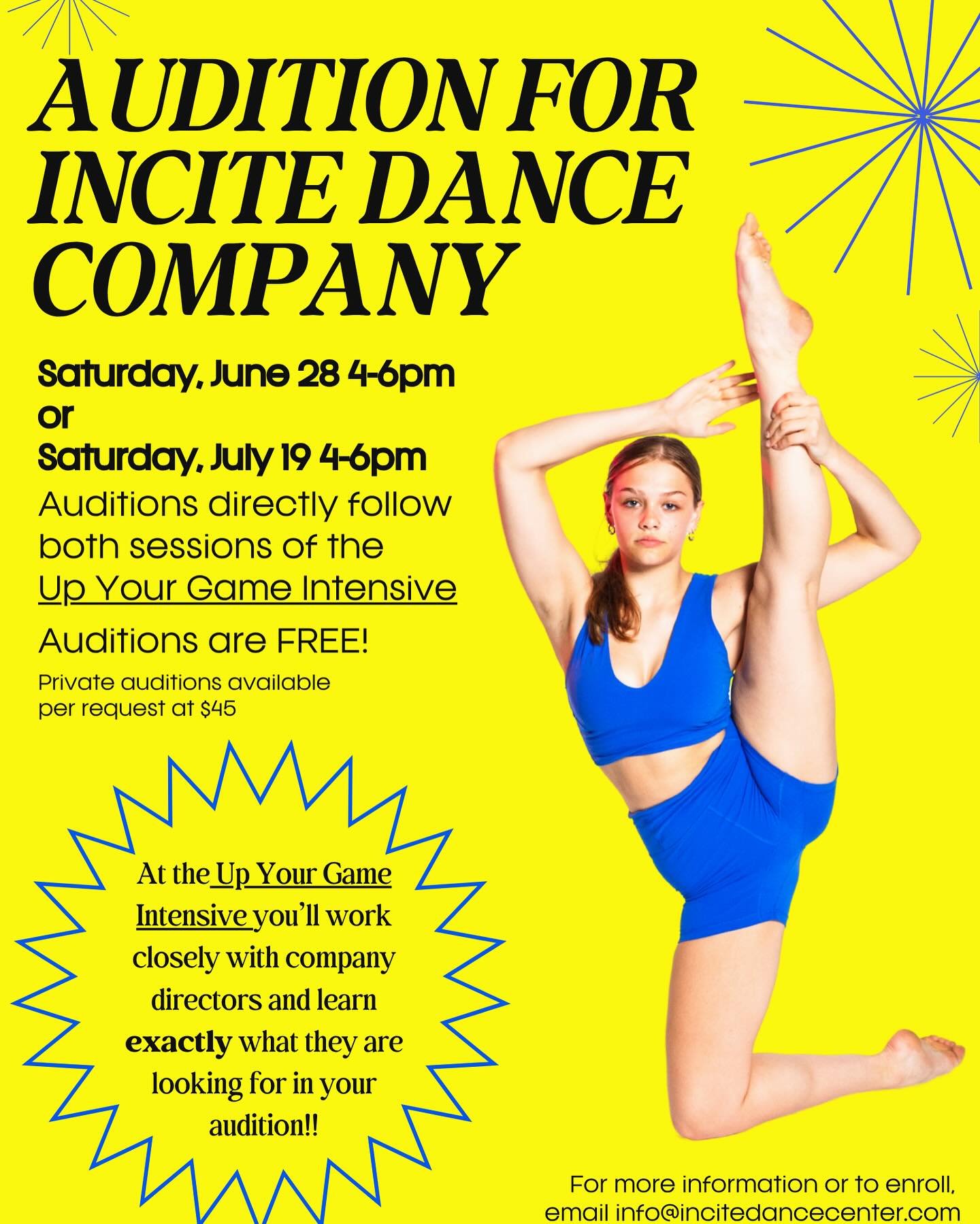 Get ready&hellip; Incite Dance Company + Crew auditions are THIS WEEKEND!!! 🙌

Auditions will directly follow the Up Your Game Intensive! Give us a call, email, or enroll through the portal!✨🕺

#abetterdanceworld #incitedancecenter #alldance #dance