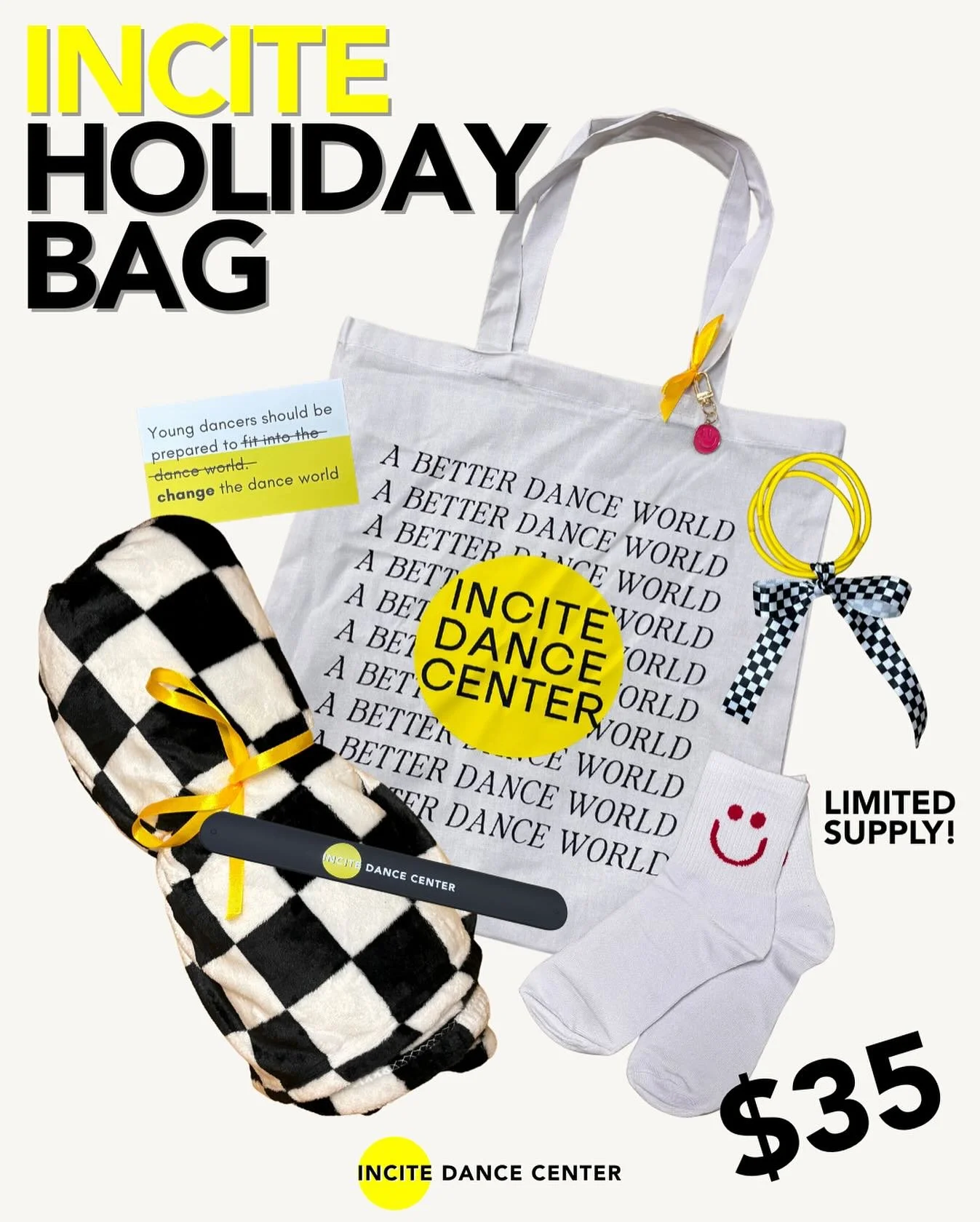 Incite Holiday Bags are now available for purchase at the front desk! ❄️✨

Get them while you can, we only have a limited amount of these thoughtfully curated Holiday Bags by Teacher Margaret! 🙂

Each bag includes: 
- Exclusive Incite tote bag
- Yel