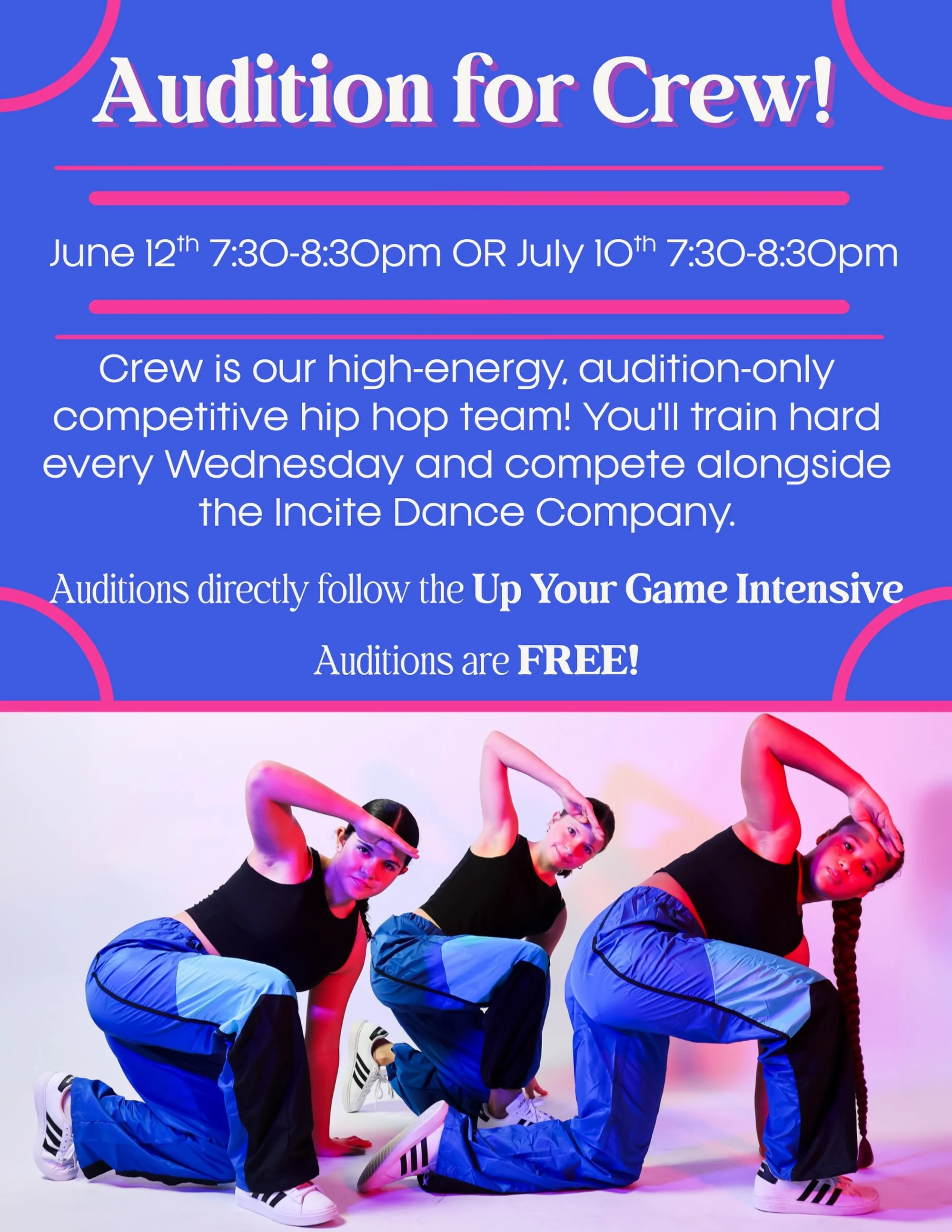 CREW Auditions are TOMORROW! 🔥

Join our audition-only competitive hip hop team.

📅 June 12 or July 10
⏰ 7:30&ndash;8:30 PM
✨ FREE- or directly after our Up Your Game intensive! 

Can&rsquo;t make it? Catch our second audition date in July! 💙💖🖤