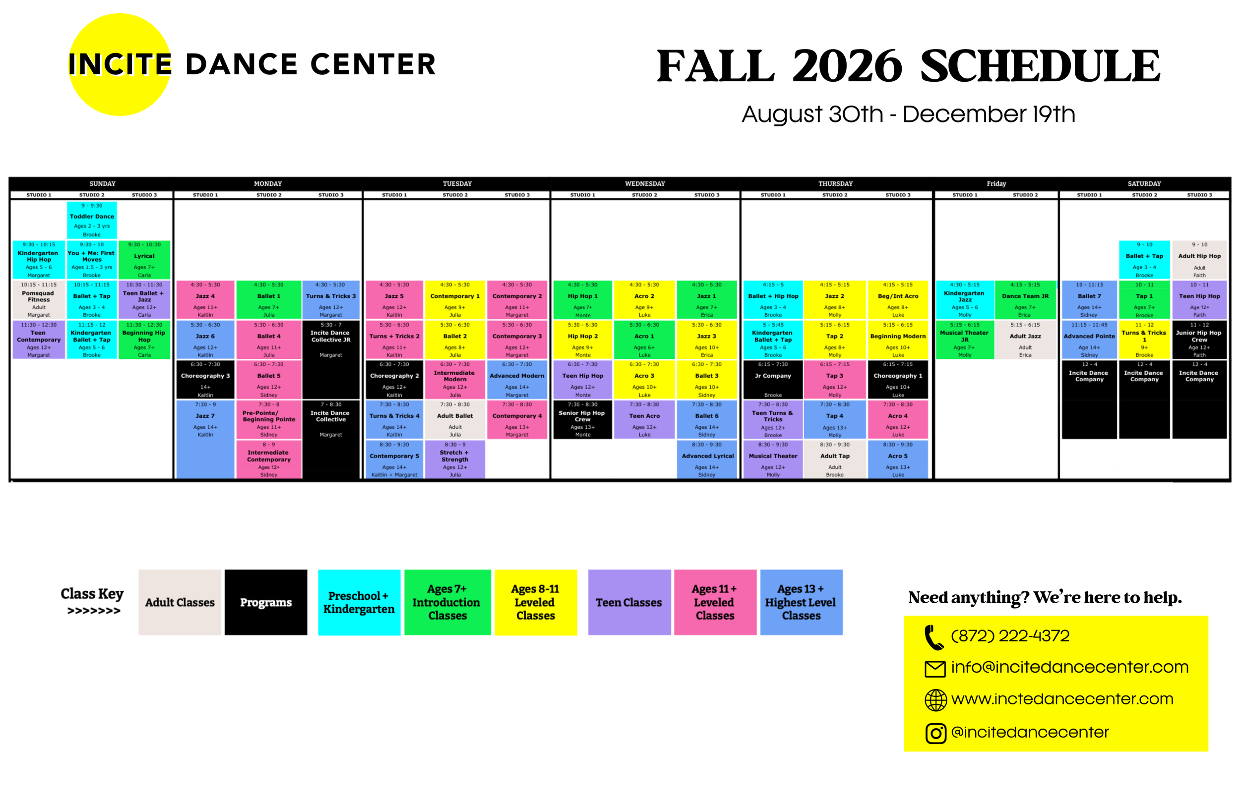 Colorful fall 2026 dance class schedule from Incite Dance Center, showing classes by day and time, with different age groups and levels, including adult classes, preschool, kindergarten, teen, and adult jazz, hip hop, ballet, lyrical, contemporary, acro, and themed classes, with contact information and social media details at the bottom.