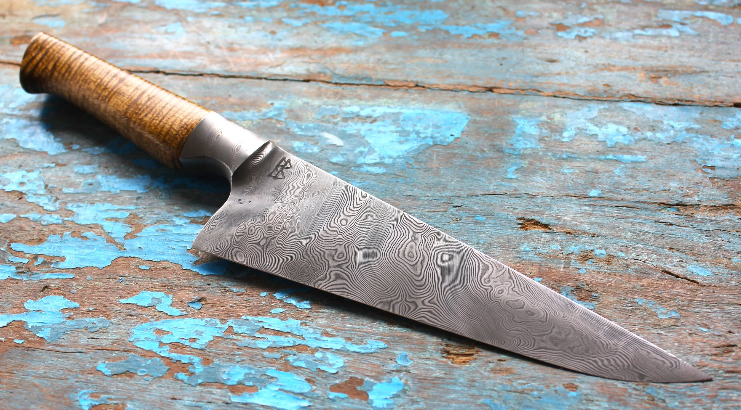 8" Integral Chefs Knife made with Damasteel Dense Twist, Golden Acadia Handle
