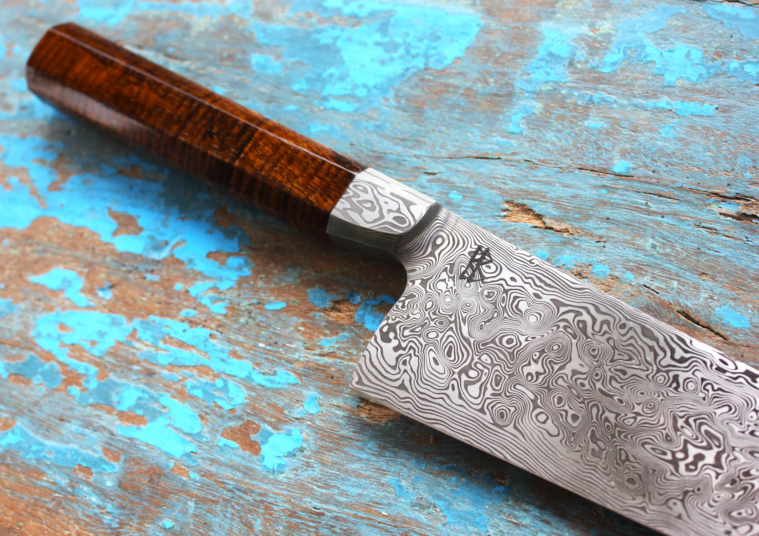 Damasteel Integral Bolster Gyuto, Hawaiian Koa Handle, Closeup 