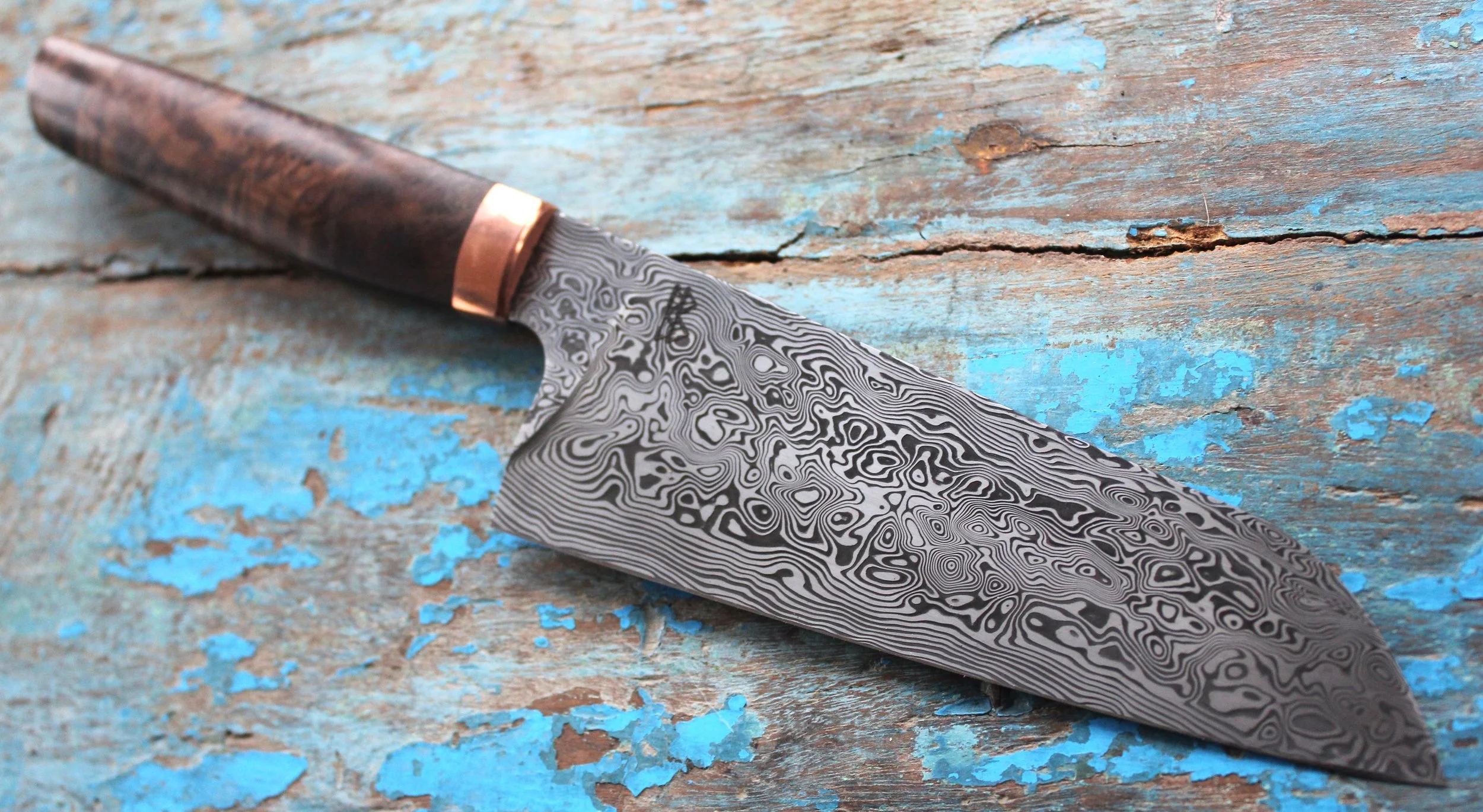 Damasteel Santoku, Copper Bolster, Walnut Burl Handle