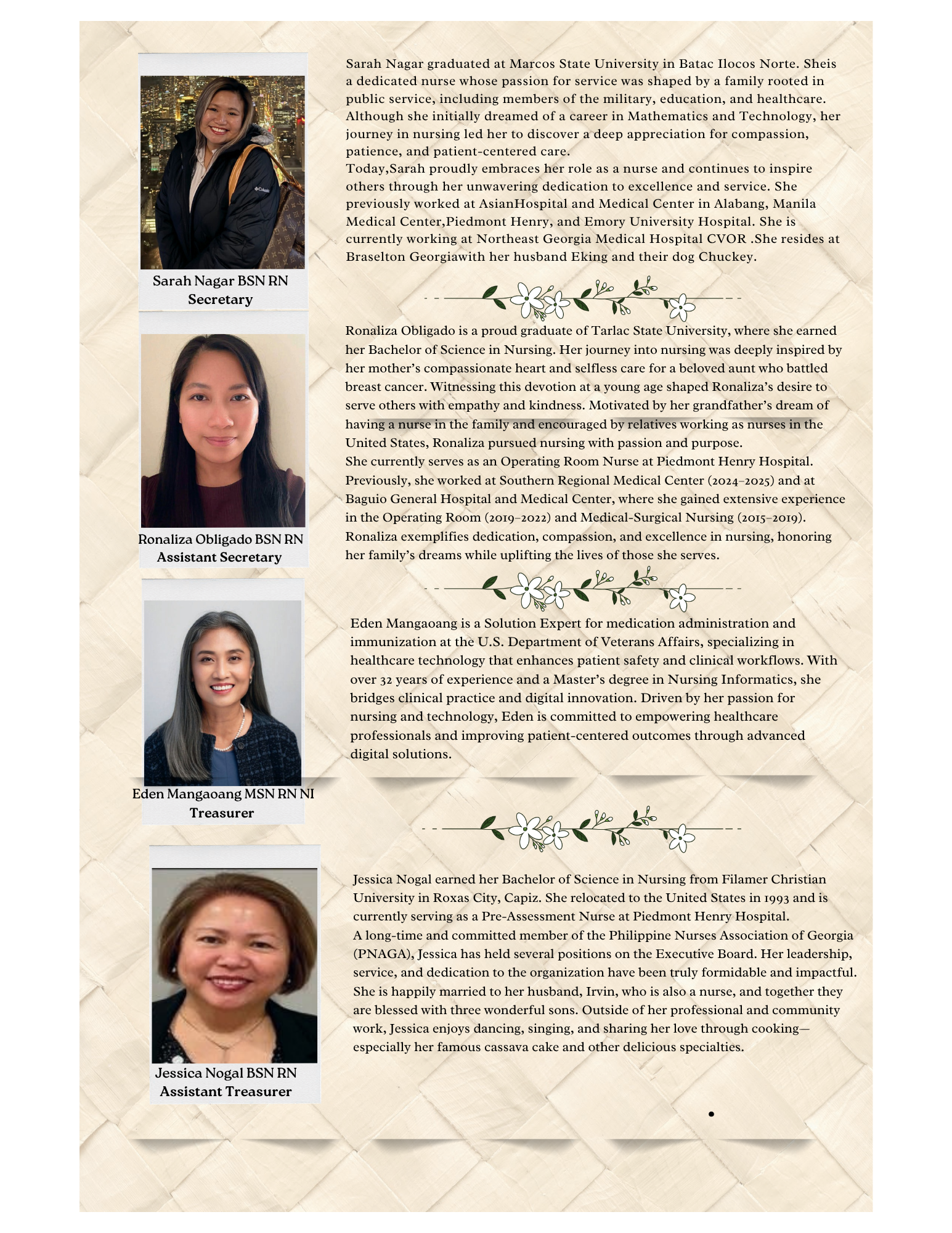 Four women with their names, titles, and biographies in an elongated beige background with floral decorative accents.