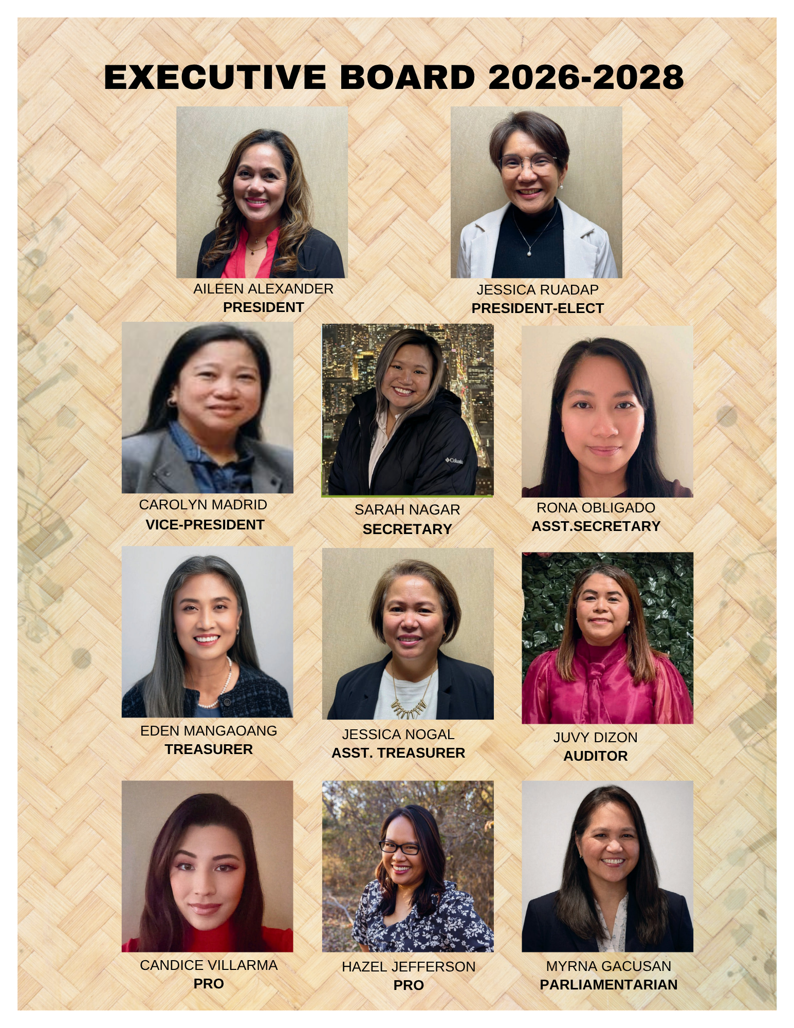Photo of the Executive Board 2026-2028, including Aileen Alexander as President, Jessica Ruadap as President-Elect, Carolyn Madrid as Vice-President, Sarah Nagar as Secretary, Rona Obrigado as Assistant Secretary, Eden Mangaong as Treasurer, Jessica 